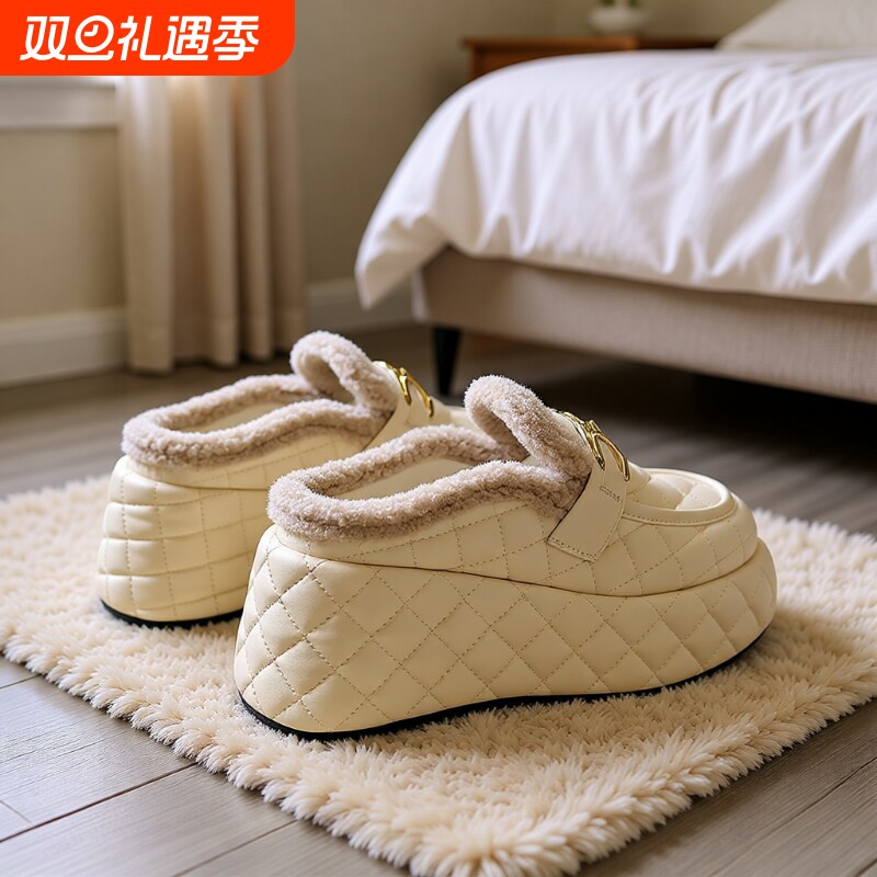 加绒包头棉拖鞋女秋冬外穿2025新款坡跟厚底高跟增高毛毛拖豆豆
