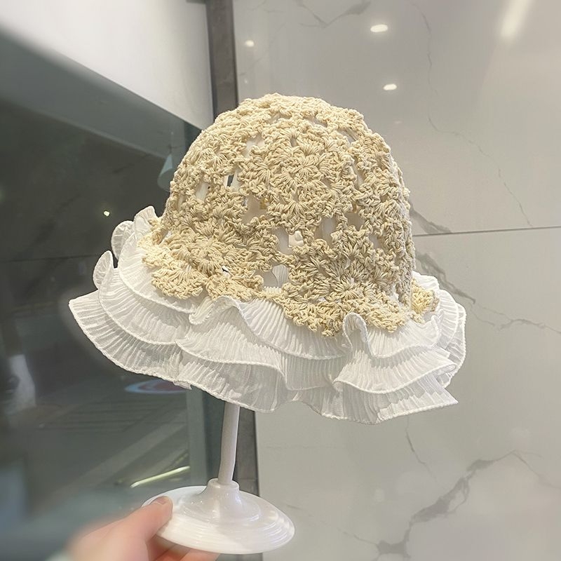 针织钩花镂空帽子女春夏季新款洋气时尚蕾丝花边渔夫帽凹造型盆帽