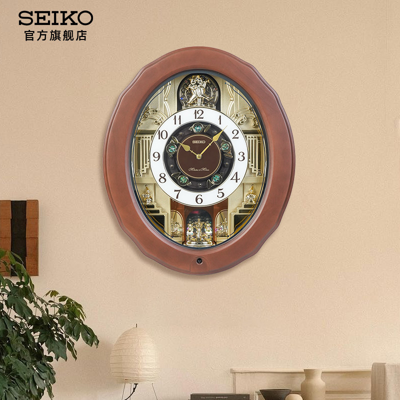 新品SEIKO日本精工复古椭圆形音乐电子挂钟实木家用装饰30首音乐