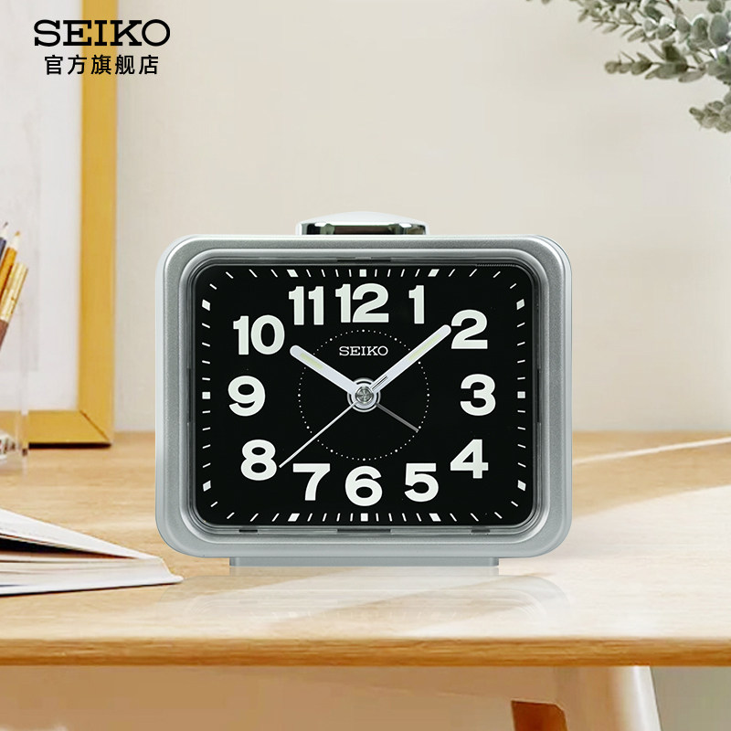 SEIKO日本精工台钟闹钟复古方形黑色数字显示贪睡静音扫秒夜光