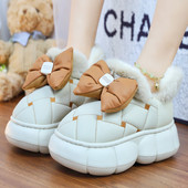 新款 蝴蝶结厚底包跟棉拖鞋 女冬季 外穿增高加绒保暖防水防滑雪地靴