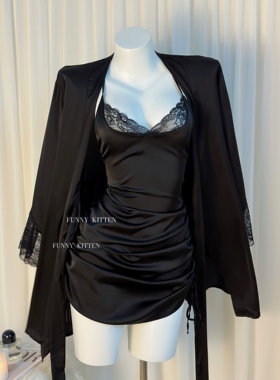 FUNNY KITTEN小猫冰丝性感睡衣抽绳收腰吊带睡裙露背睡袍女夏套装