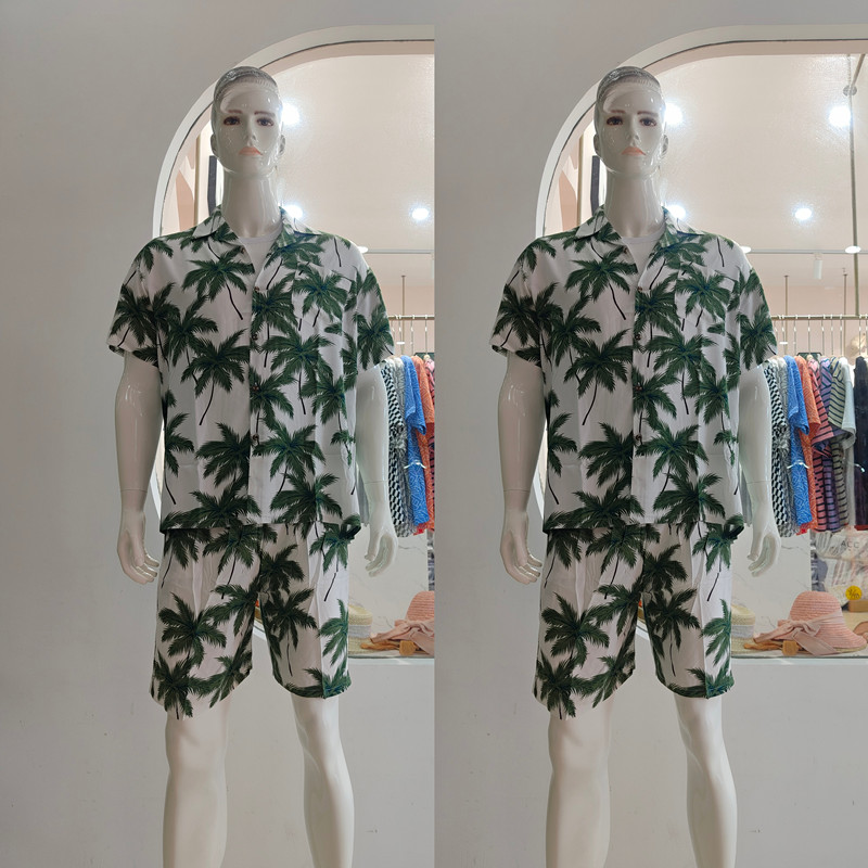  海南岛服沙滩服三亚夏威夷旅游男女情侣大码衬衫碎花168绵绸套装