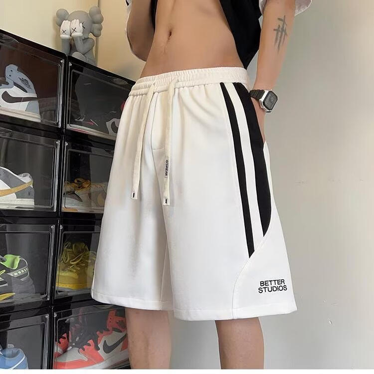 青少年篮球短裤男夏季宽松休闲五分裤美式复古条纹拼接直筒运动裤