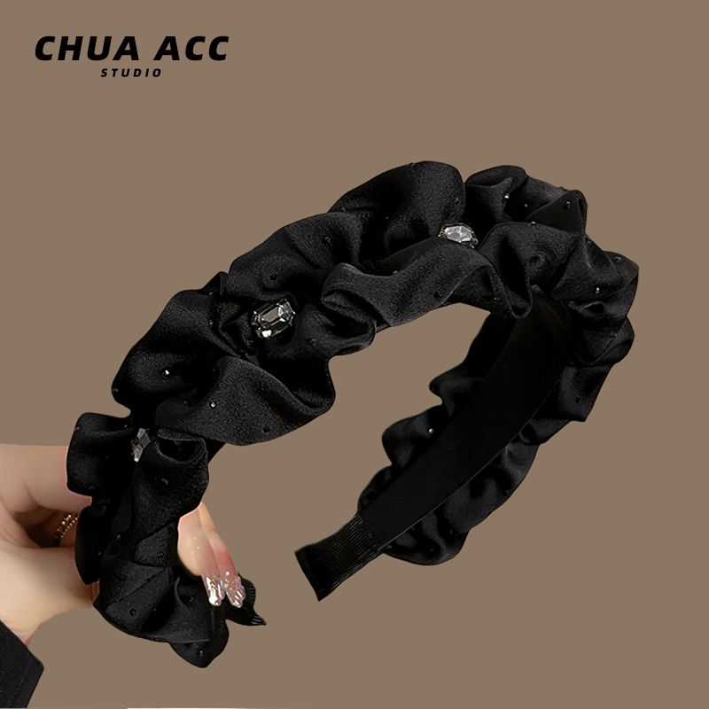 黑色褶皱镶钻发箍女2025新款