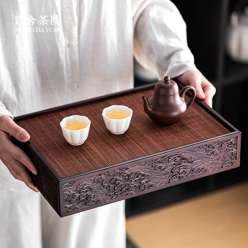 竹席卷帘小型茶盘家用茶托 托盘储水式干泡盘收纳柜沥水茶台蓄水