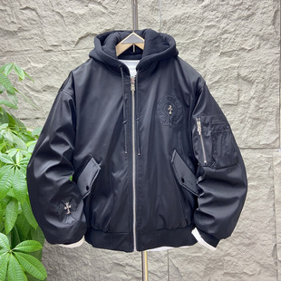 冬季 假两件男棒球服潮流百搭上衣 加厚连帽羽绒服男外套飞行员工装