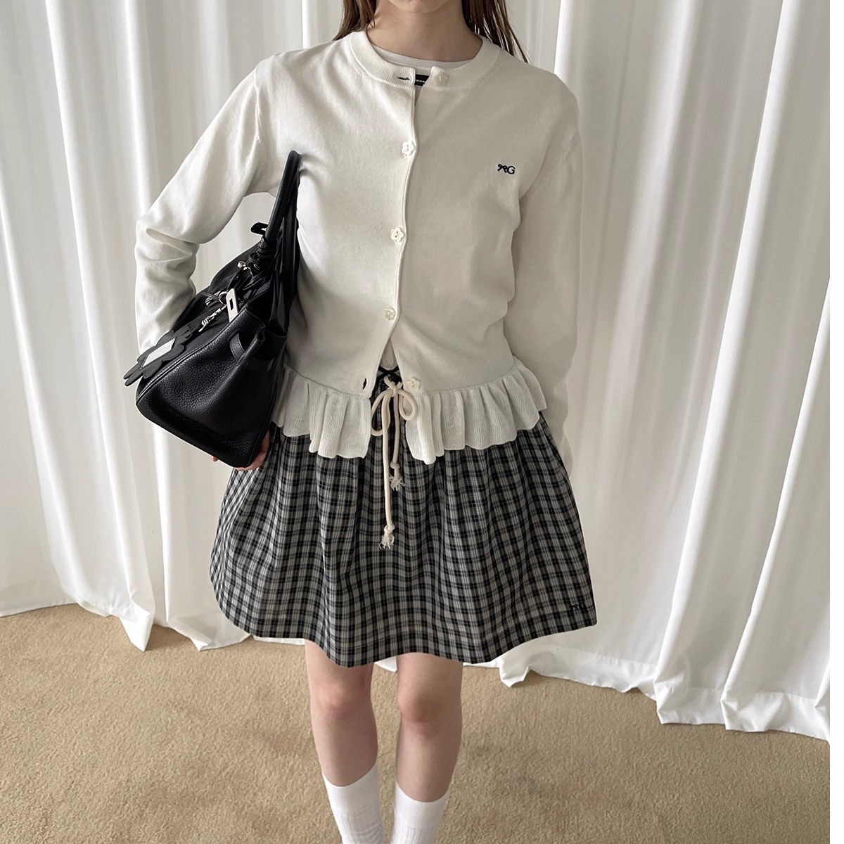 小香风针织棉女开衫荷叶边绣花