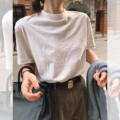上衣百搭宽松纯棉打底衫 新款 潮 t恤女2025夏季 简约半高领白色短袖