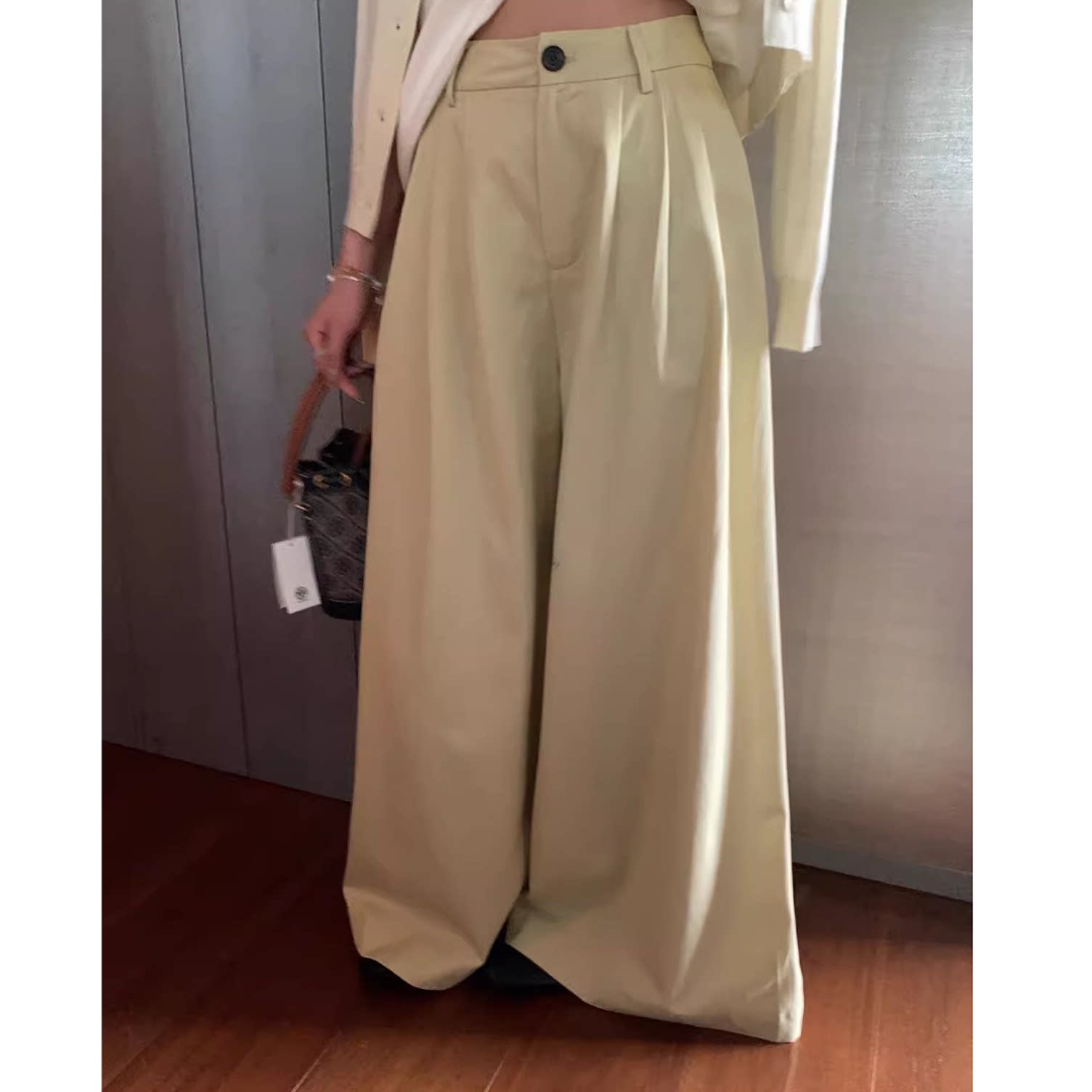 高端货~简约日常经典百搭压褶高腰阔腿裤女秋冬新款加厚休闲裤子
