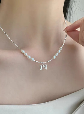 蝴蝶结珍珠碎银项链高级感冷淡风锁骨链ins简约轻奢小众设计颈链