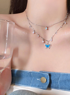 夏天海蓝珍珠蝴蝶项链女甜酷辣妹搭配裙子颈链配饰海边度假锁骨链
