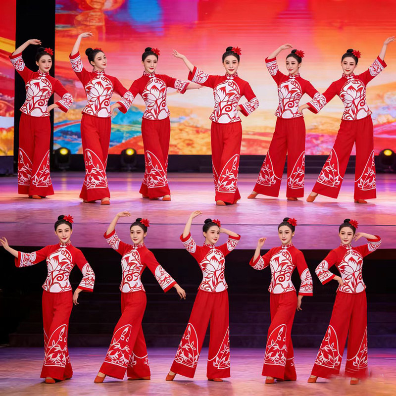 2025新款扭秧歌民族舞蹈演出服东北大花布秧歌服女红色广场舞套装,女装/女士精品,民族服装/舞台装,淘宝优惠券,粉丝福利购,淘宝优惠卷