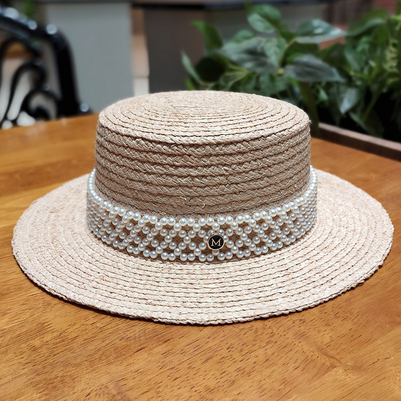 出游度假拉菲草平顶草帽女春夏季防晒遮阳帽子时尚百搭海边沙滩帽