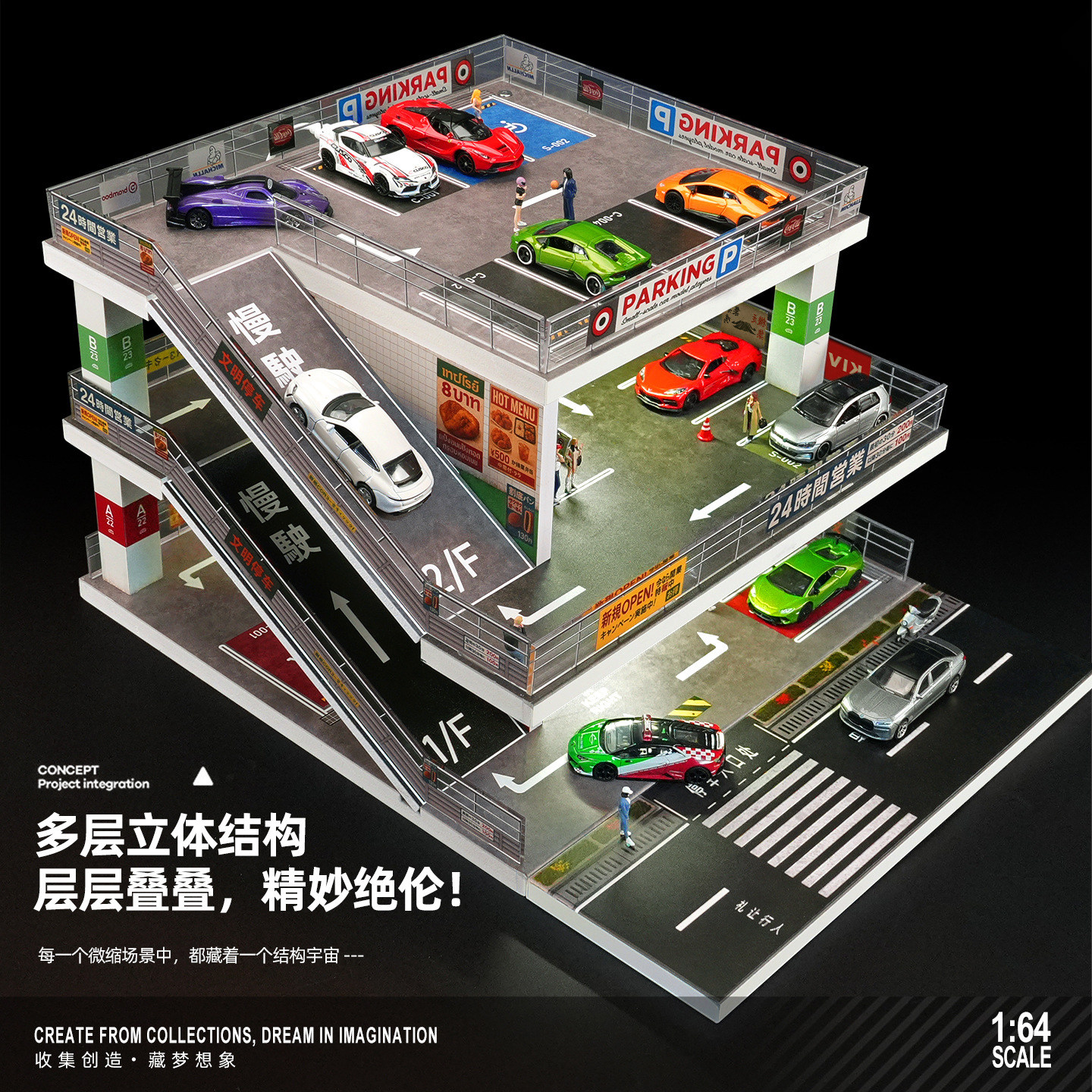 1/64斜坡多层停车场模型仿真场景带灯地上停车楼收纳小汽车展示盒