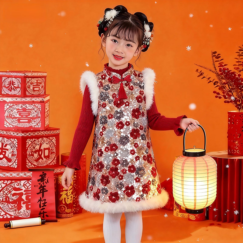 超喜庆拜年演出服装女童新年旗袍背心裙亮片新中式盘扣新年装汉服,童装/婴儿装/亲子装,旗袍,淘宝优惠券,粉丝福利购,淘宝优惠卷