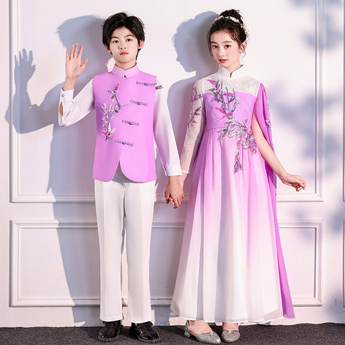 中山装儿童主持礼服中式绣花男女童朗诵表演服套装古筝演奏表演服