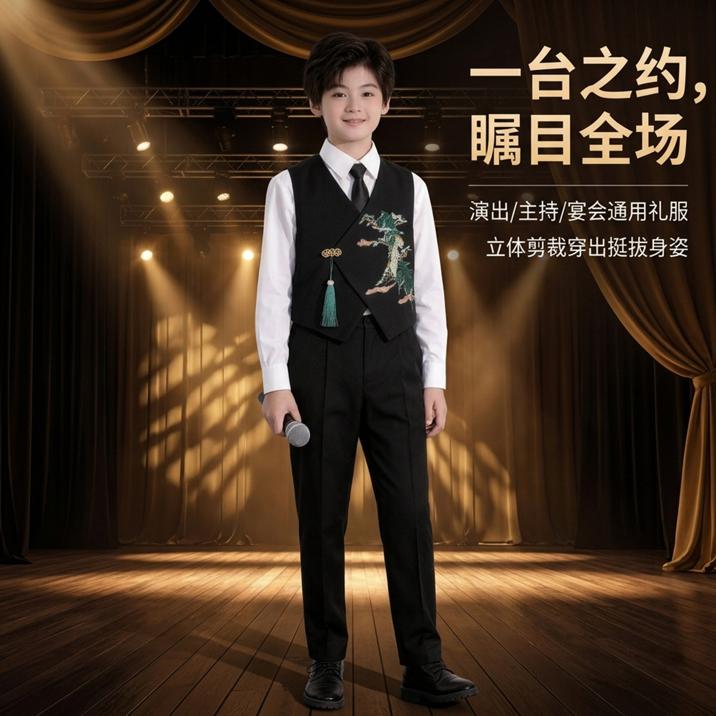 儿童合唱演出服男童马甲三件套礼服演讲比赛主持表演服装黑色套装图片