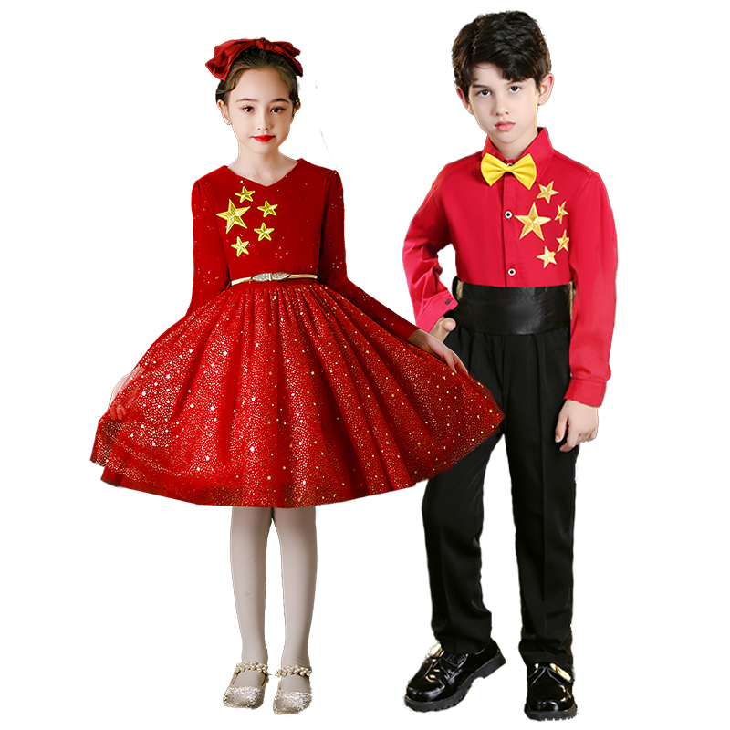 中国红儿童演出服合唱服女童礼服公主裙儿童军装红歌独唱小学比赛