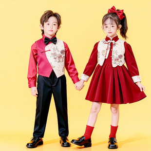 新年童装表演服女童公主裙儿童演出服主持人男童合唱表演服装国风
