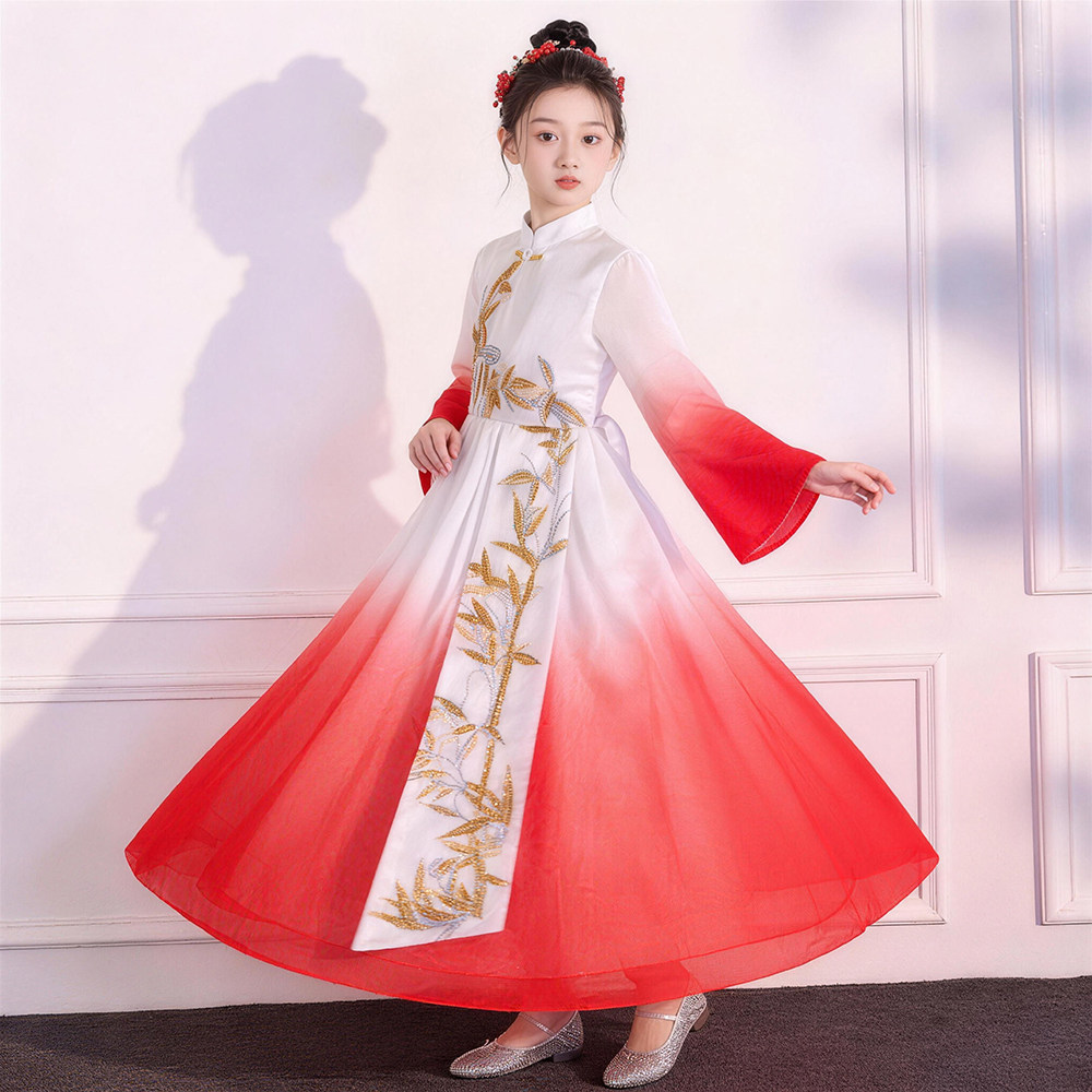 女童中国风汉服红色刺绣表演服考级礼服装古筝演出服古典舞蹈服舞