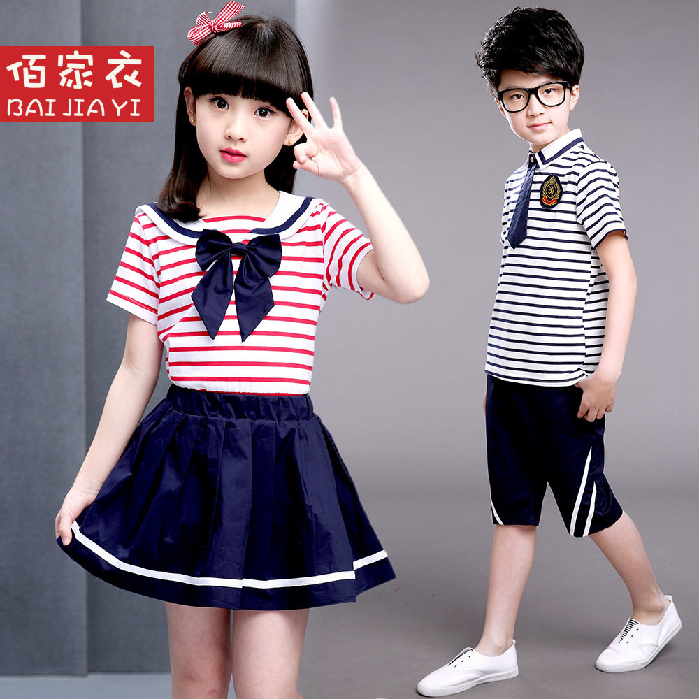 男童女童中小学生校服夏季学院风班服条纹短袖儿童套装幼儿园园服