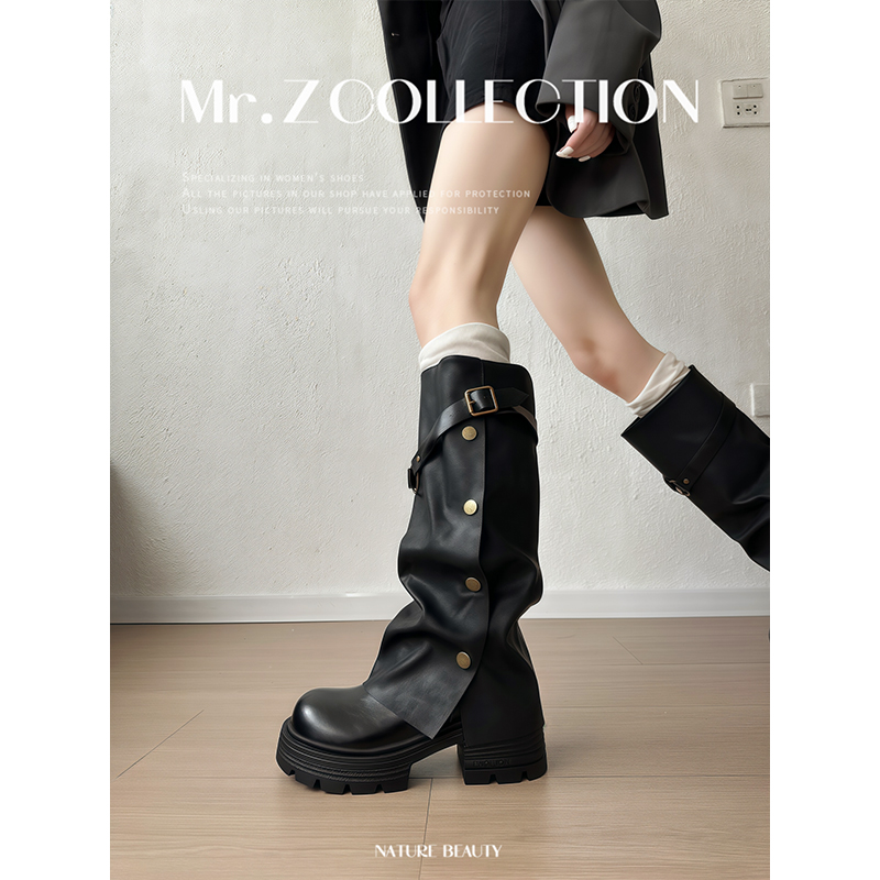 增高6cm厚底粗跟褶皱长筒靴女皮带扣甜酷辣妹堆堆裤管靴骑士靴子