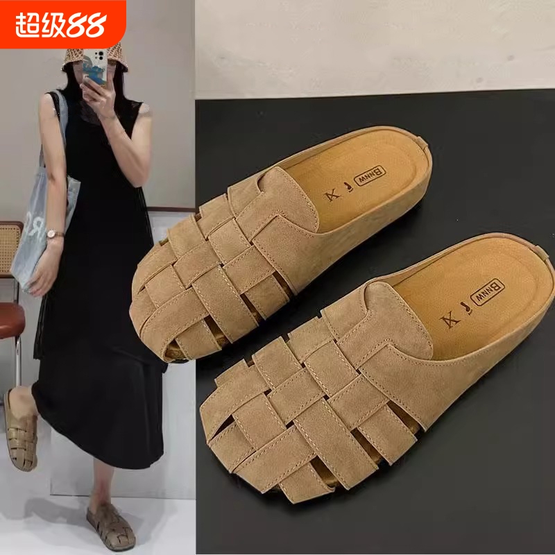 小众复古编织包头半拖鞋女鞋子外穿2025新款夏季一脚蹬软底勃肯鞋