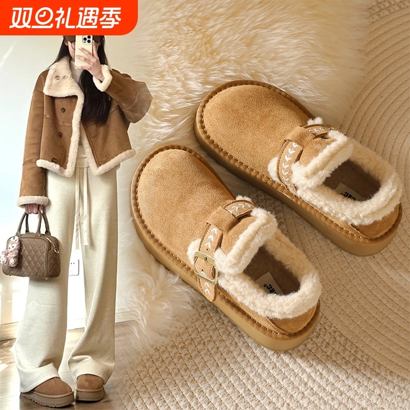 厚底加绒勃肯鞋女鞋子2025新款冬季乐福鞋保暖雪地靴女一脚蹬棉鞋