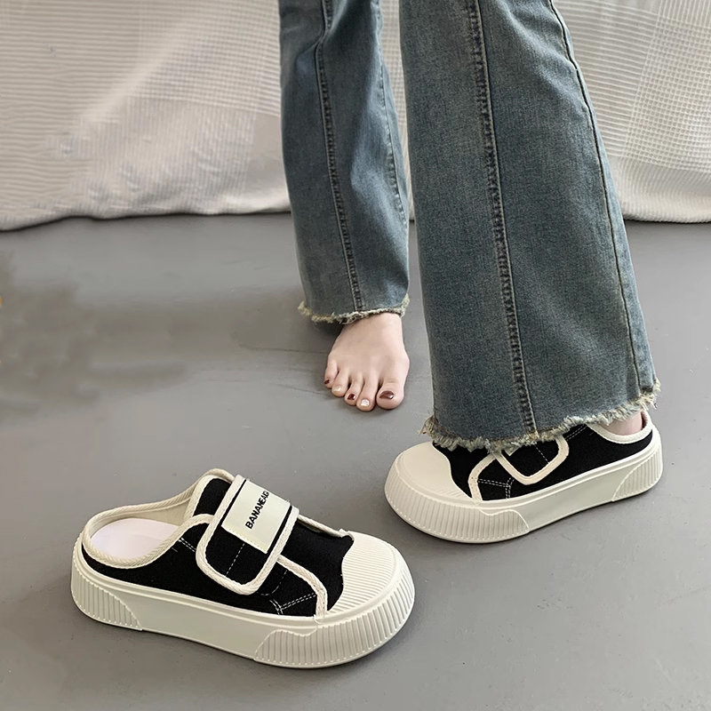 帆布半拖鞋女2024年夏季新款厚底魔术贴小白鞋两穿一脚蹬休闲板鞋