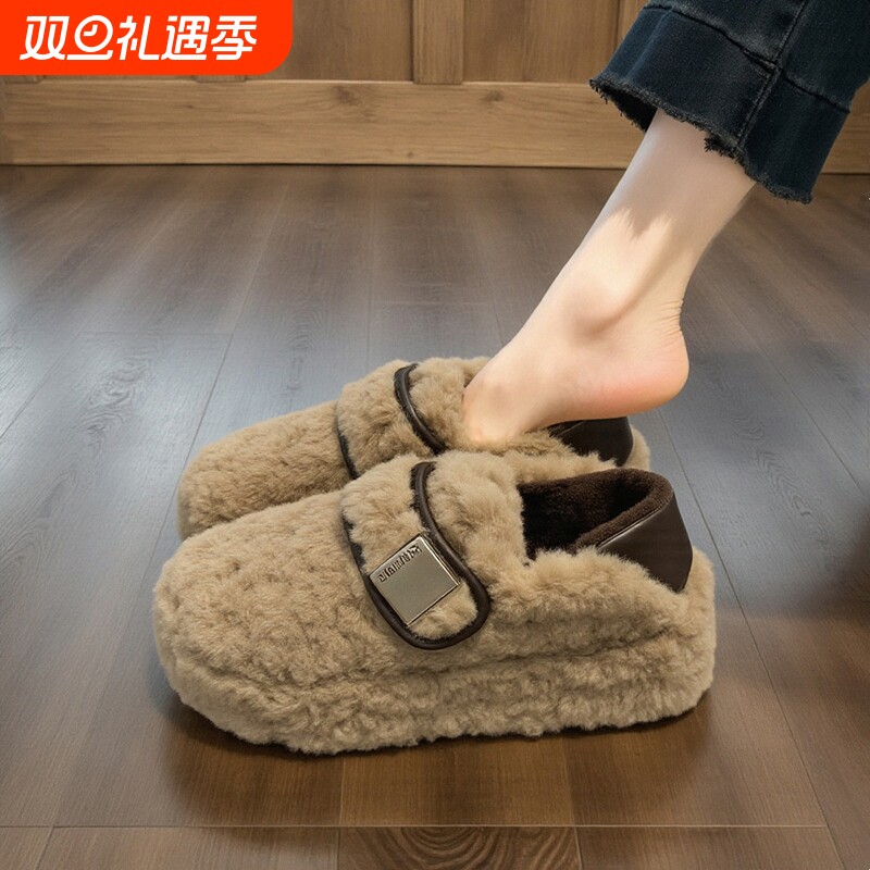 羊羔绒毛毛鞋女2025新款秋冬厚底魔术贴加绒保暖一脚蹬豆豆鞋平底