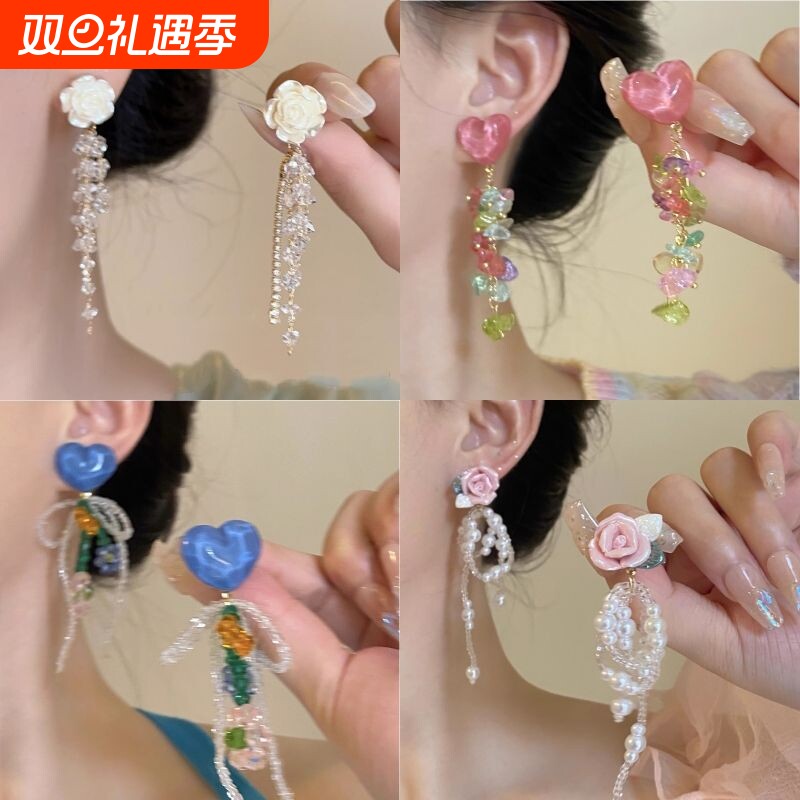 山茶花流苏耳夹女无耳洞小众新款白色气质独特螺旋耳饰花朵耳钉