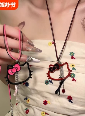 kitty猫甜酷黑色长款锁骨链