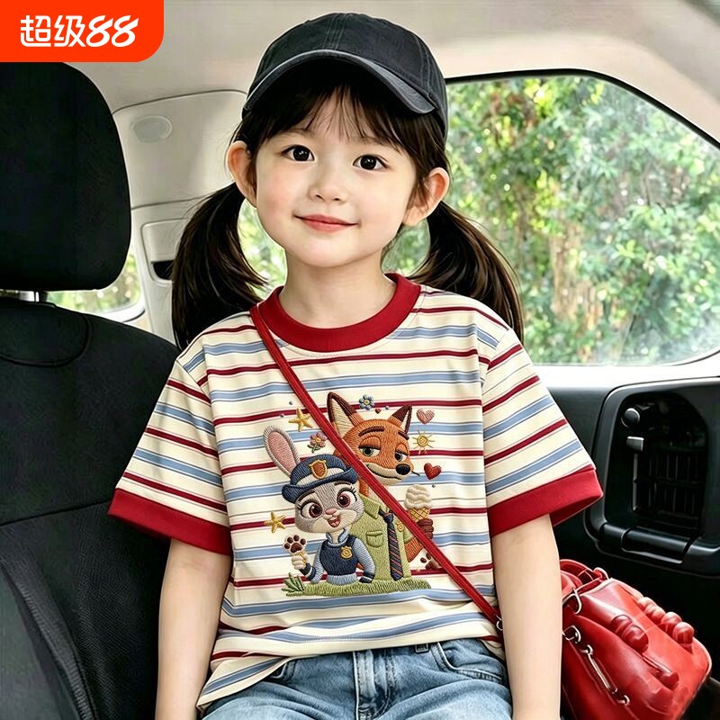 全棉女童T恤短袖100%纯棉儿童夏装2026新款女孩条纹半袖上衣薄款图片