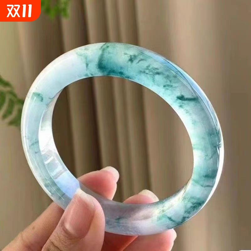 高品质缅甸翠色冰种飘花独龙玉手镯学生少女高冰透真玉石镯子国风