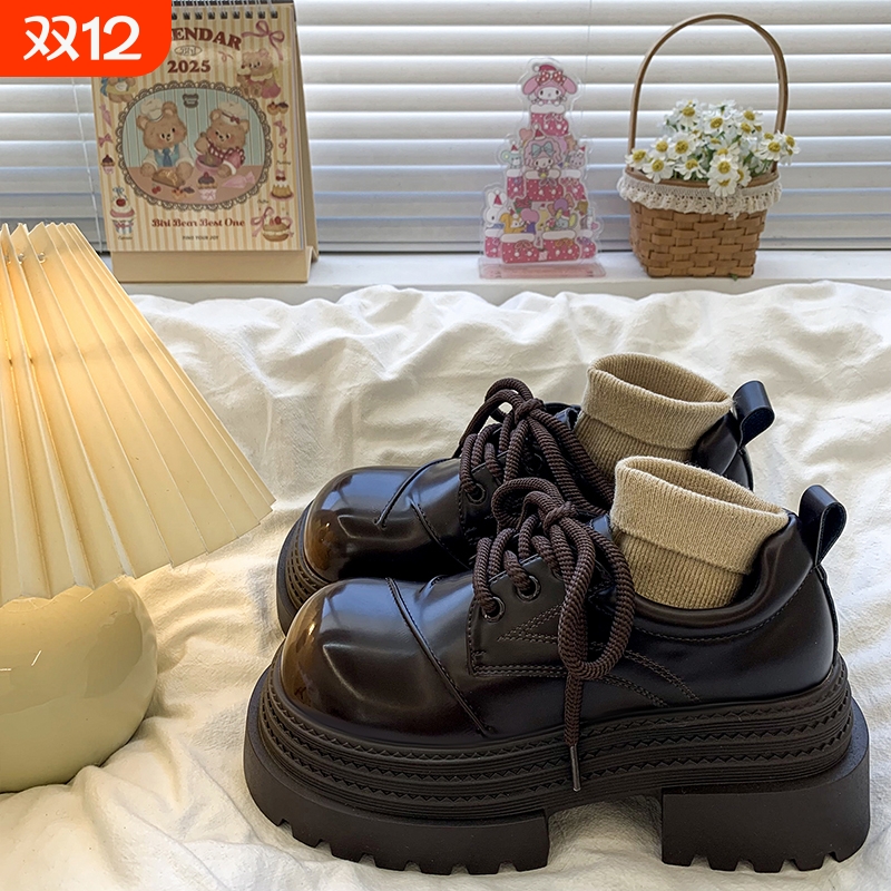 欧货厚底增高小皮鞋女2025秋季新款时尚英伦风小个子系带乐福单鞋