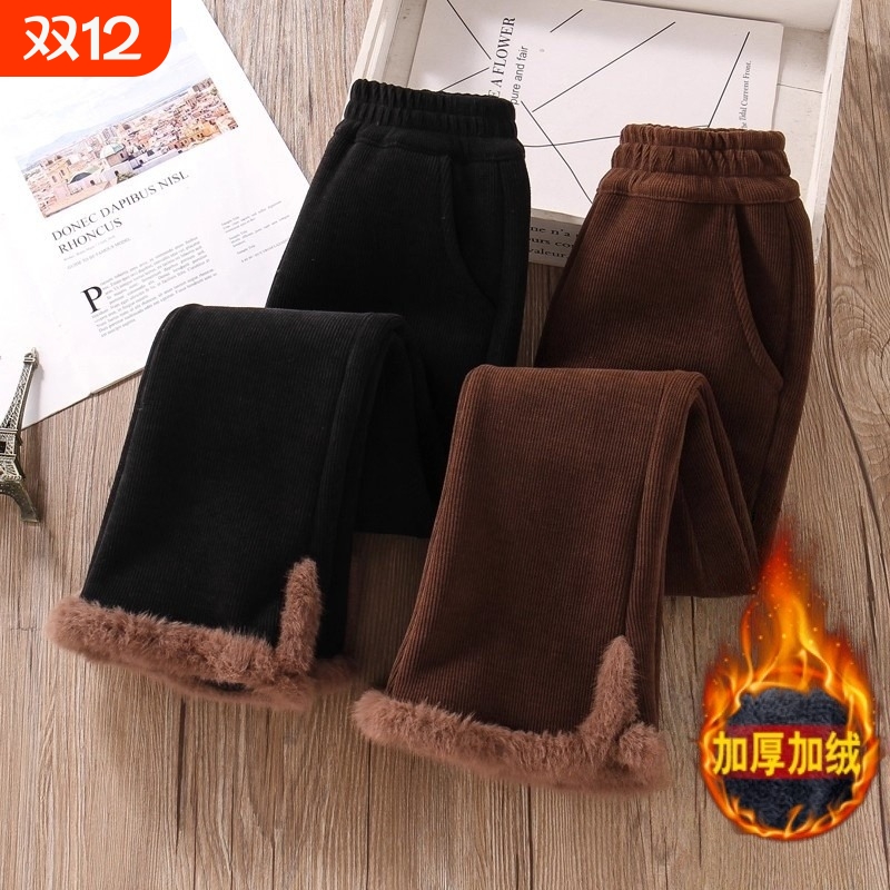 女童裤子加绒冬季保暖加厚洋气一条过冬灯芯绒儿童喇叭裤外穿微喇