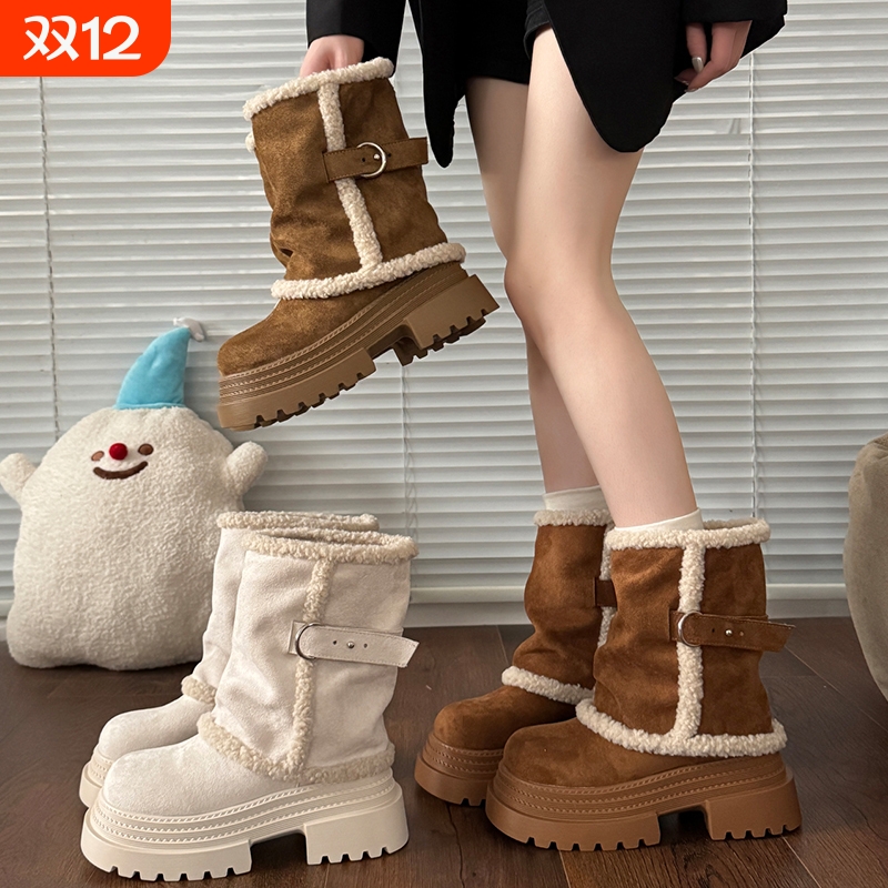 厚底加绒棉鞋2025冬季新款长靴子保暖长筒雪地靴女款中筒毛绒白色