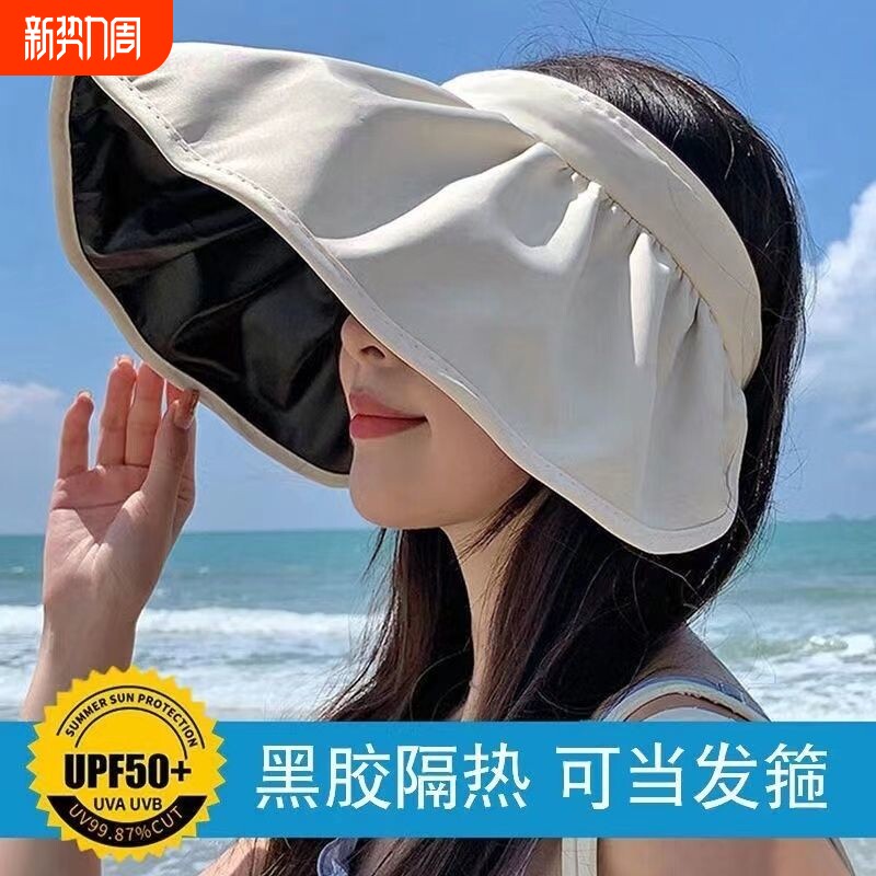 防晒帽女夏季防紫外线贝壳遮阳帽空顶太阳帽子夏天儿童可折叠白色