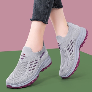 2025年女鞋一脚蹬妈妈鞋健步鞋针织袜口透气休闲鞋上班鞋新款防滑