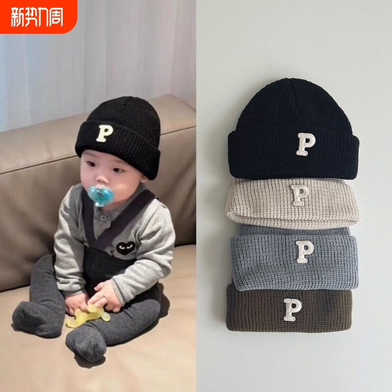 ins婴儿帽子秋冬宝宝针织帽子保暖百搭冬季P字母纯色加厚毛线帽子