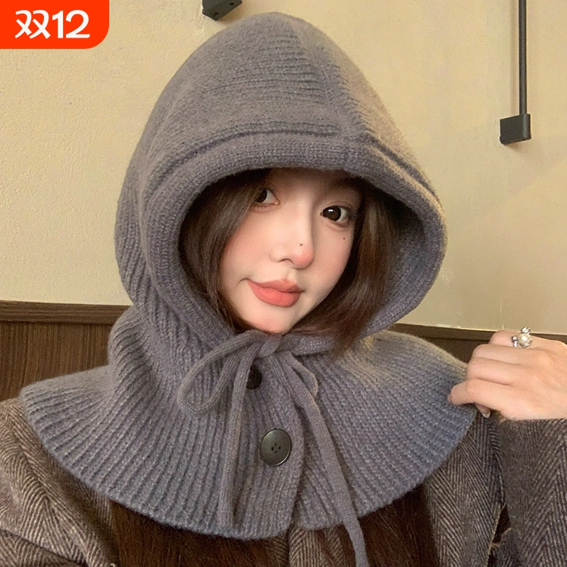 巴拉克帽子女秋冬保暖针织毛线围巾一体连帽围脖冬季红色防风护耳