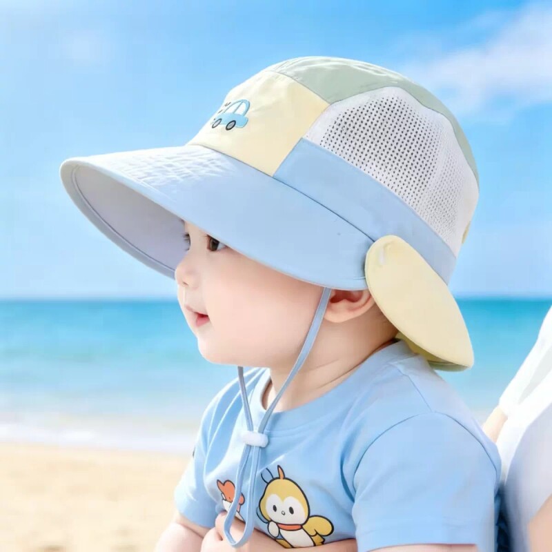 儿童防晒渔夫帽夏季宝宝薄款男女小童网眼透气遮阳披肩太阳帽速干图片