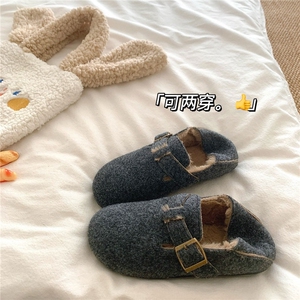两穿陨石灰~！巨好质感懒人加绒勃肯鞋女冬季ins厚底毛毛包跟棉鞋