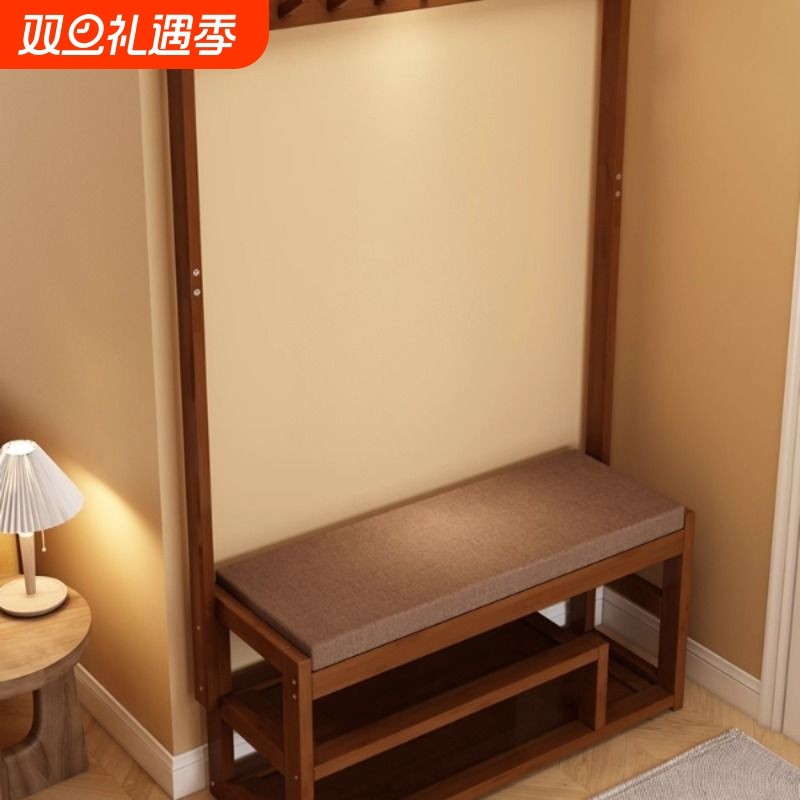 简易挂衣架玄关衣帽架换鞋凳一体靠墙置物架落地家用楠竹家居收纳
