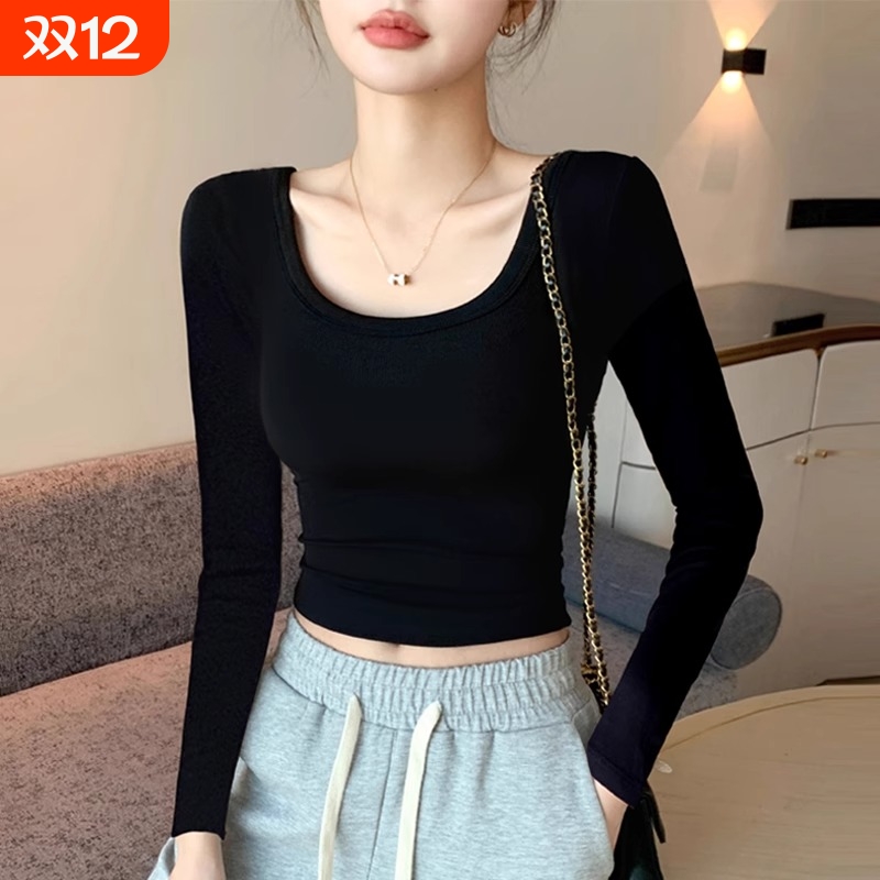黑色正肩圆领打底衫女内搭秋冬新款紧身显瘦低领短款露脐长袖上衣