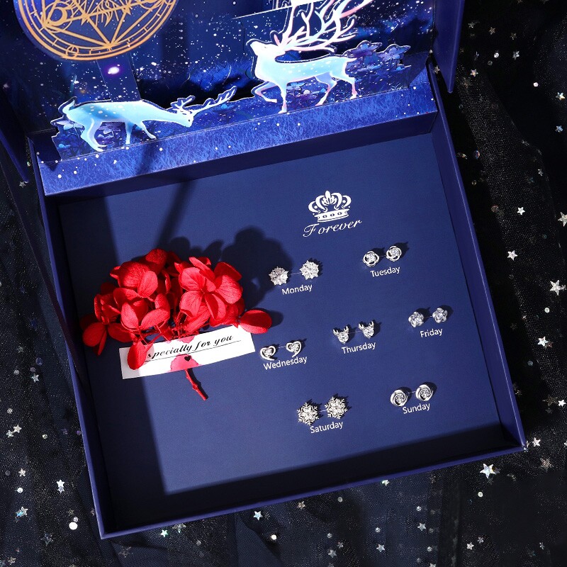 925纯银耳饰女一星期耳钉礼盒女生情人节礼物送女友女朋友礼品盒