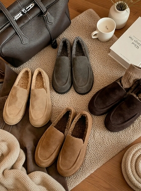 牛皮版~真皮乐福鞋女秋冬一脚蹬加绒毛毛豆豆鞋灰色毛绒平底圆头