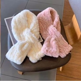 软呼呼毛绒围脖纯色加厚保暖韩版冬季百搭交叉毛领短款小围巾护颈