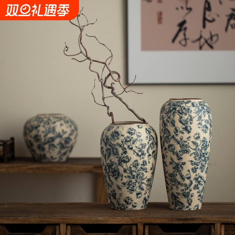 景德镇新中式陶瓷花瓶贴花牡丹花器高级轻奢陶罐酒店民宿装饰品